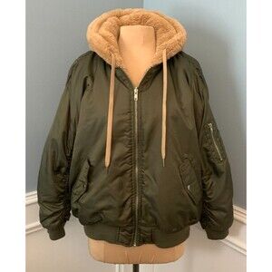 Forever 21 Jacket Womens M Reversible Bomber Flight Nylon Vegan Fur Hooded Y2K